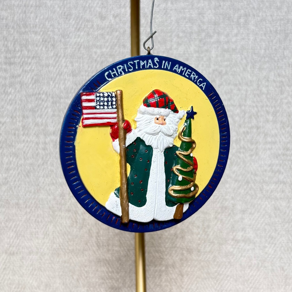 Christmas in America Santa Claus Ceramic Ornament Patriotic American Flag Blue